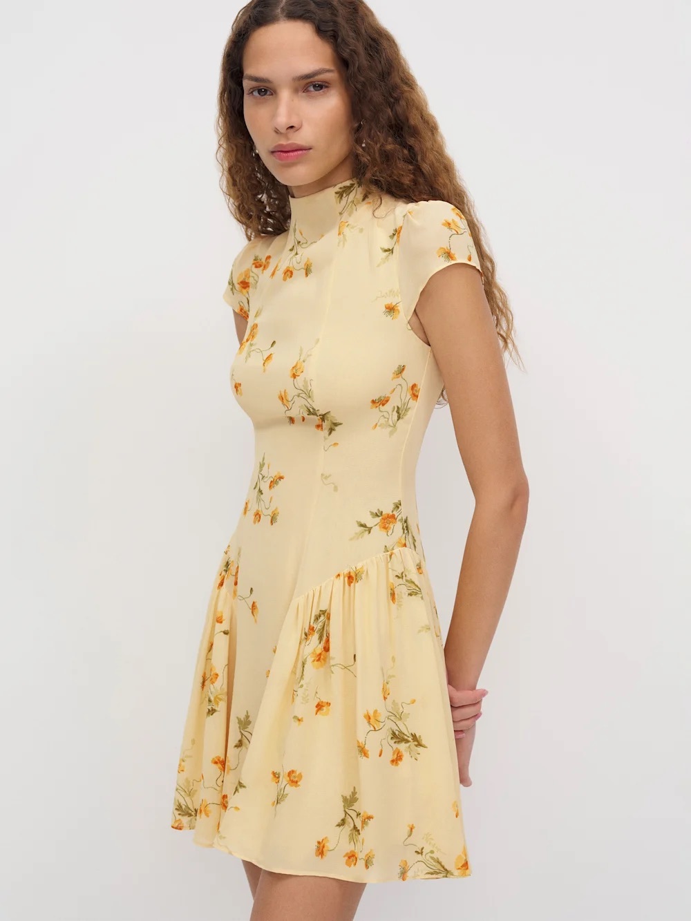 Reformation Maven Pale Yellow Floral Mock-Neck Mini Dress - Picture 2 of 4